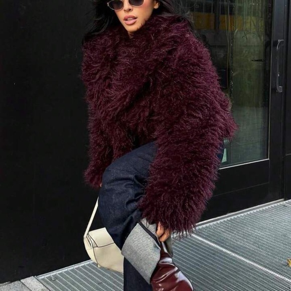 Burgundy Faux Fur Jacket shaggy fluffy mop feather